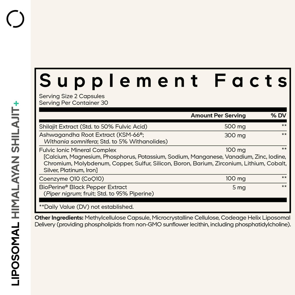 Codeage Liposomal Himalayan Shilajit+ Supplement - 500 mg Shilajit, KSM-66 Ashwagandha, CoQ10, Fulvic Ionic Minerals, Calcium, Magnesium, BioPerine - Liposomal Delivery - Non-GMO - 60 Capsules