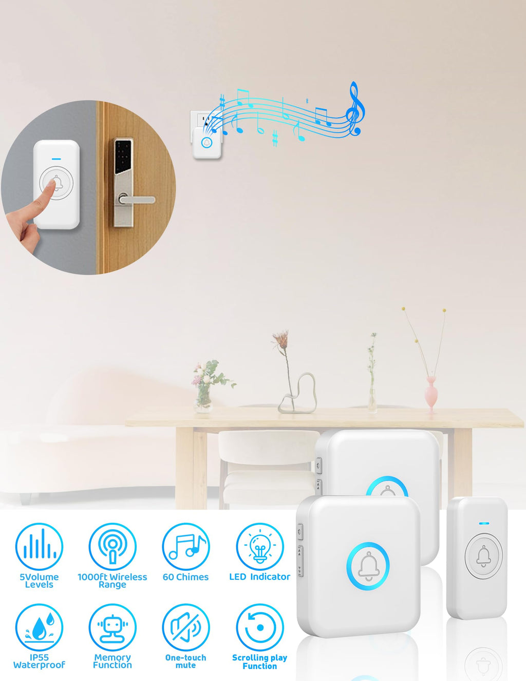 FOVKSUC Wireless Doorbell, Classroom Doorbell, with 60 Chimes 5 Levels Volume and LED Flash, 1000ft Range Waterproof Door Bells for Homes Office Hospital (2 Receivers + 1 Button, White, U.S. Plug)