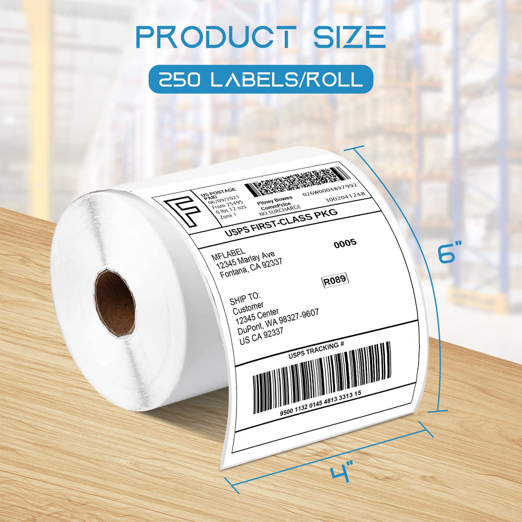 MFLABEL 4x6 Thermal Shipping Labels - 2 Rolls of 250, Perforated & Smudge-Proof Direct Thermal Labels Compatible with Rollo, Zebra, for Amazon UPS FedEx Shopify