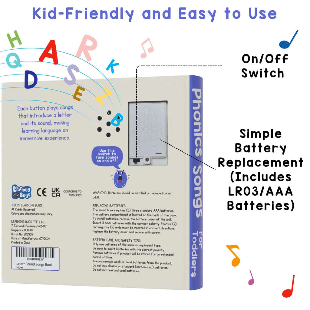 LEARNING BUGS Phonics Songs Book, 26 Letter Sound Songs, Preschool & Kindergarten Learn to Read for 3 Year olds, Perfect Toy and Gift for Toddlers Ages 2+