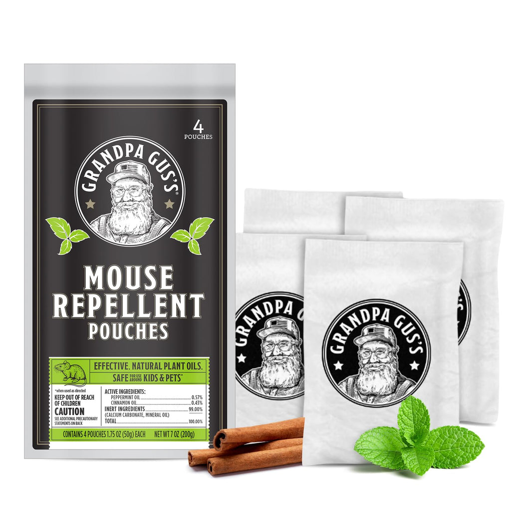 Grandpa Gus's Natural Mouse Repellent Pouches, Cinnamon/Peppermint Oils Repel Mice from Nesting in Home/Cabin/Boat/Car Storage/RV/Machinery/Shed (4 Pouches)