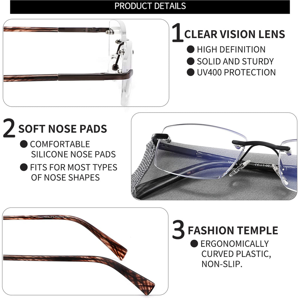 JJWELL 3 Pack Reading Glasses for Men Blue Light Blocking, Lightweight Rimless Metal Mens Eyeglasses Readers, Anti Eyestrain/Dryness/Computer Glare/UV 400, Spring Hinge Eyeglasses(250 Strength)