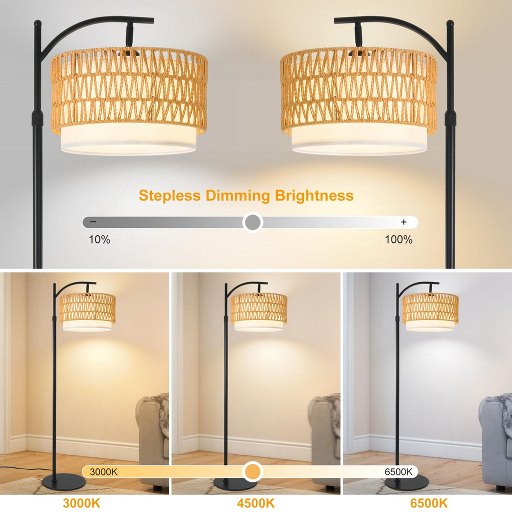 DRAWNCAT Rustic Black Farmhouse Floor Lamp with Woven Rattan Shade - 12W LED, Remote & Dimmable 3-Color Temp, Tall Standing Lamp for Living Room