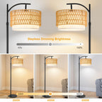 DRAWNCAT Rustic Black Farmhouse Floor Lamp with Woven Rattan Shade - 12W LED, Remote & Dimmable 3-Color Temp, Tall Standing Lamp for Living Room