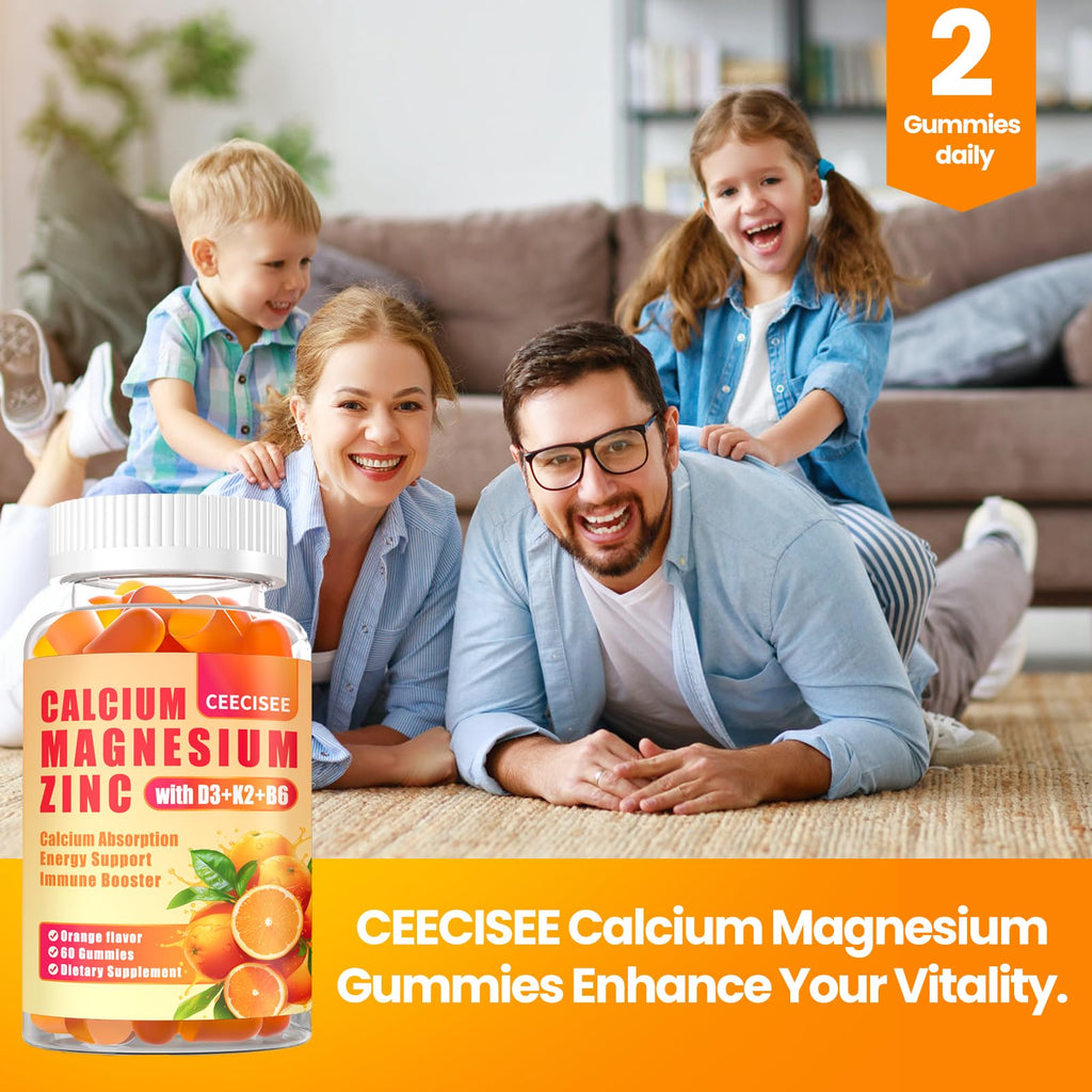 Calcium Magnesium Zinc Gummies with D3 &B6 &K2,1000mg Calcium Gummies with 300mg Magnesium Support Immune Energy for Adults and Teens,Sugar Free(120Count)