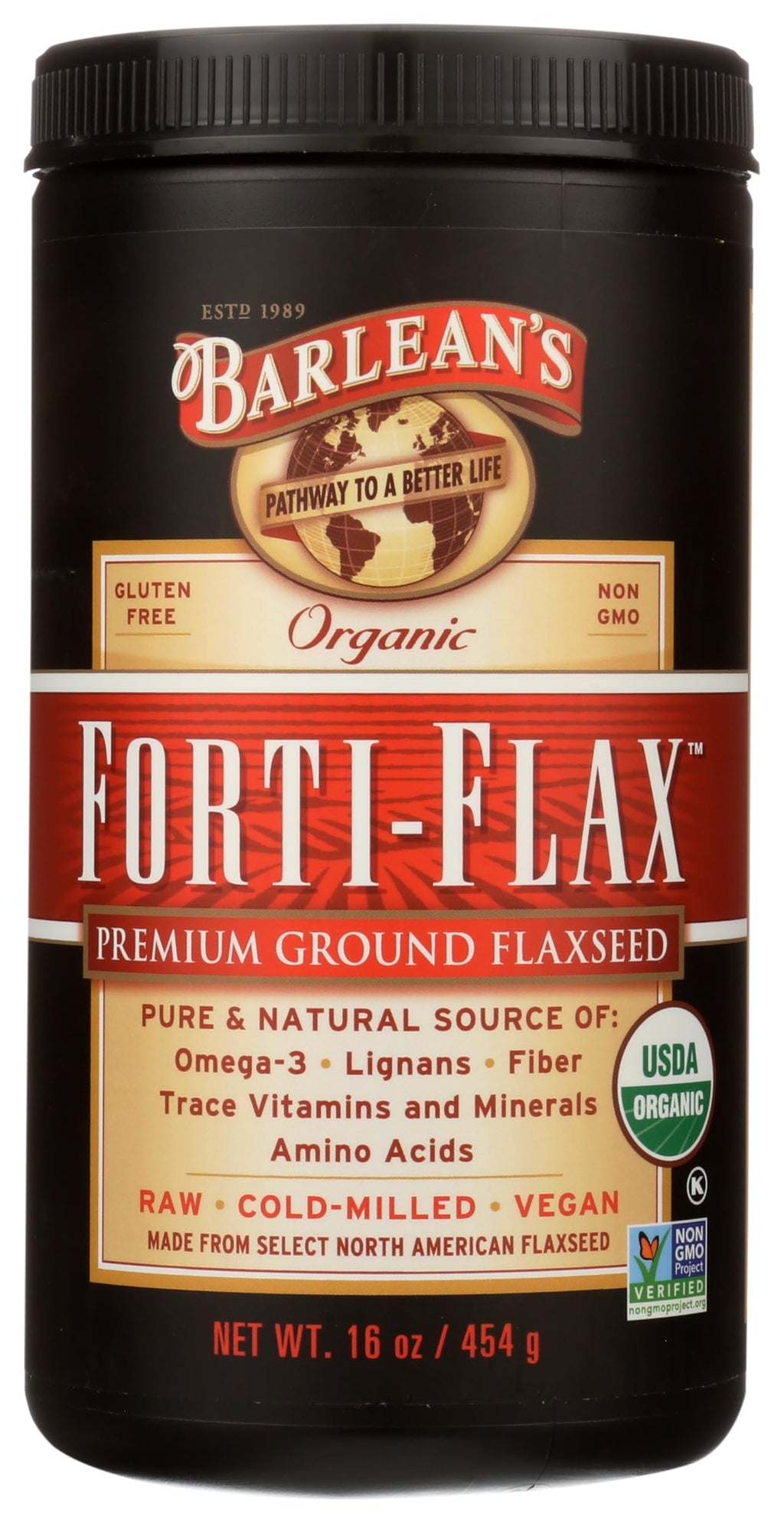 Barlean's Forti-Flax Organic Flaxseed, Ground Whole Raw Seeds, Omega-3 Supplement with Lignans and Dietary Fiber, Bulk Ground Flax Seed, 16 oz, 2 Pack