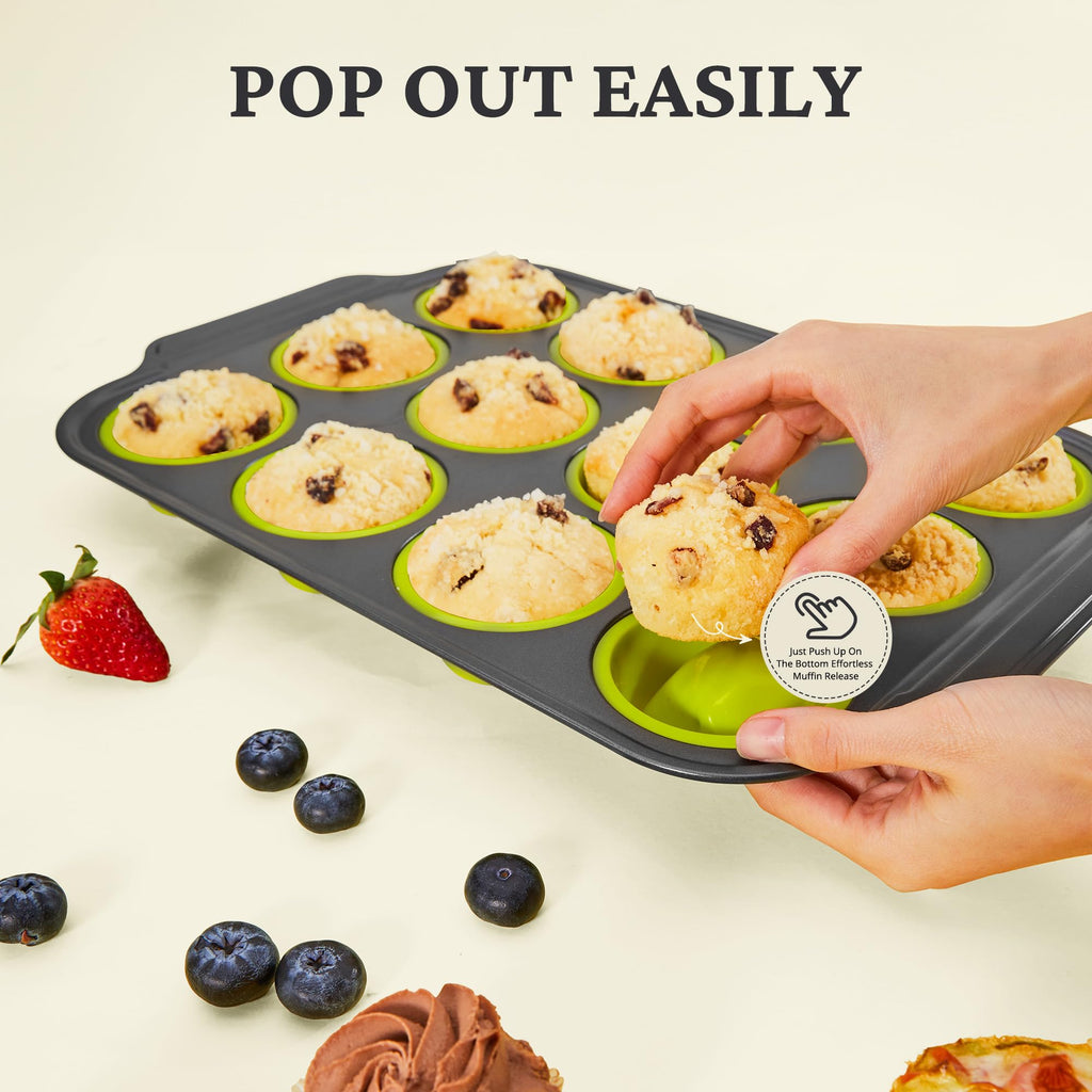 BRONYPRO Silicone Muffin Pans for Baking with Metal Frame, Egg Bite Maker Silicone Molds, Cupcake Pans 12 Regular Size, Muffin Tins Easy to Pop Nonstick Non Toxic Bakeware for Oven, Lime Green