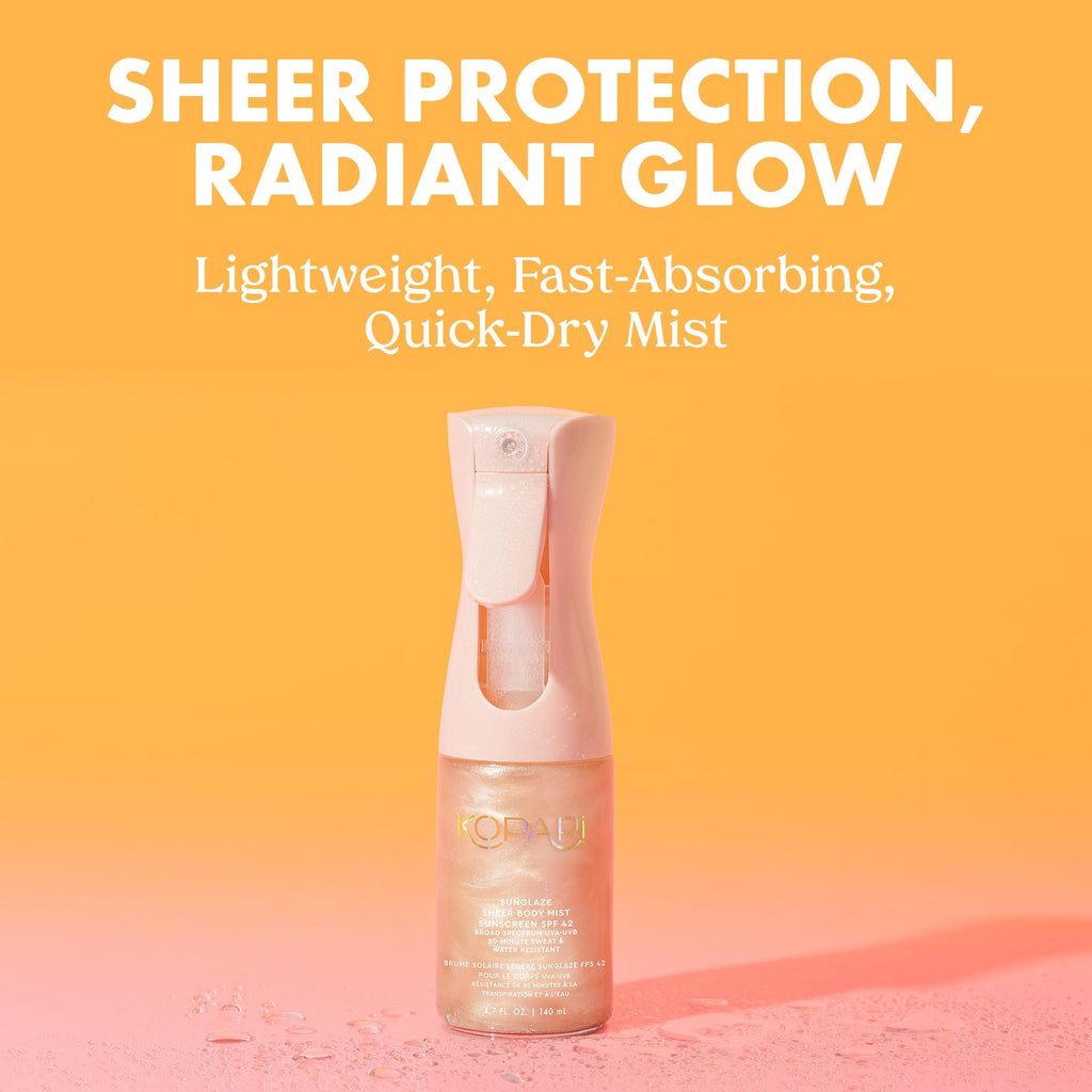 Kopari Rose Gold Sunglaze Sheer Body Mist Sunscreen SPF 42, Infused with Shimmering Body Oil, Hydrating Mist, Hydrates, Brightens, Makeup Friendly, Gives Skin a Glowy Finish, Lightweight,