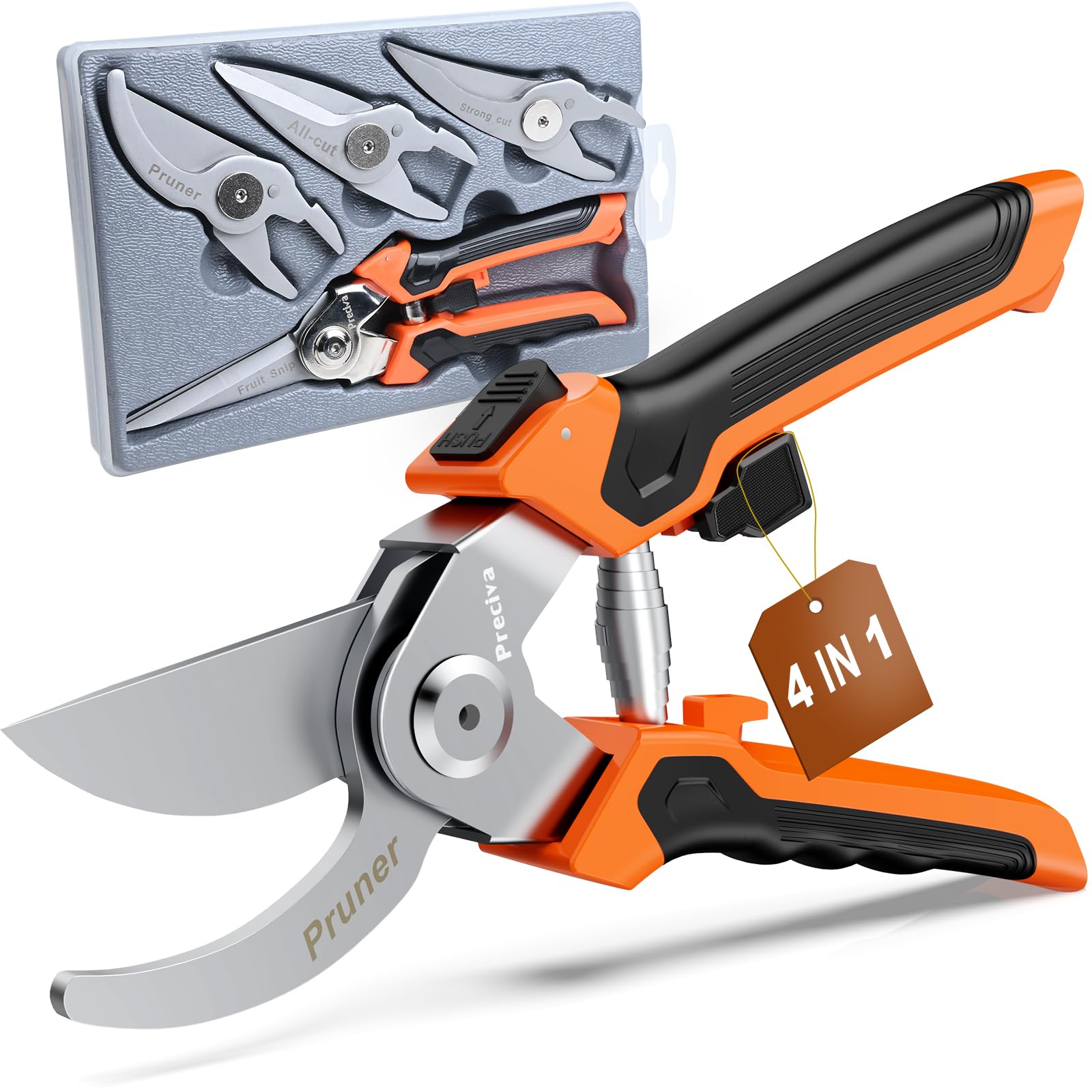 Preciva 4-in-1 Garden Pruning Shears, Gardening Shears with 4 Size Sharp High Carbon Martensitic Stainless Steel Blade, Rustproof, Wear-resistant, Removable, Multi-functional Gardening Tool