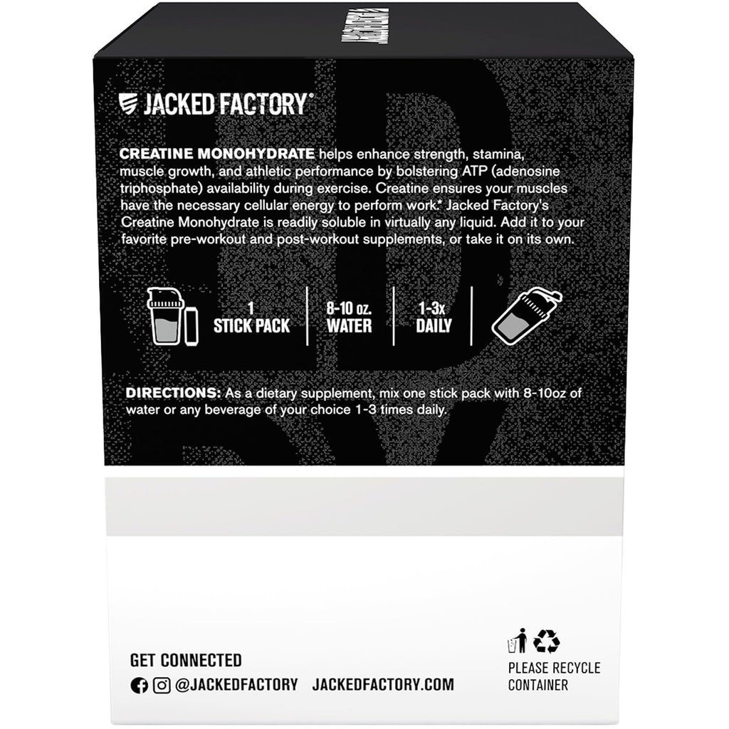 Jacked Factory Creatine Monohydrate Stick Packs 150g - 5g Daily Creatine Supplement for Men and Women, Vegan-Friendly, Third-Party Tested - 30 Servings, Unflavored