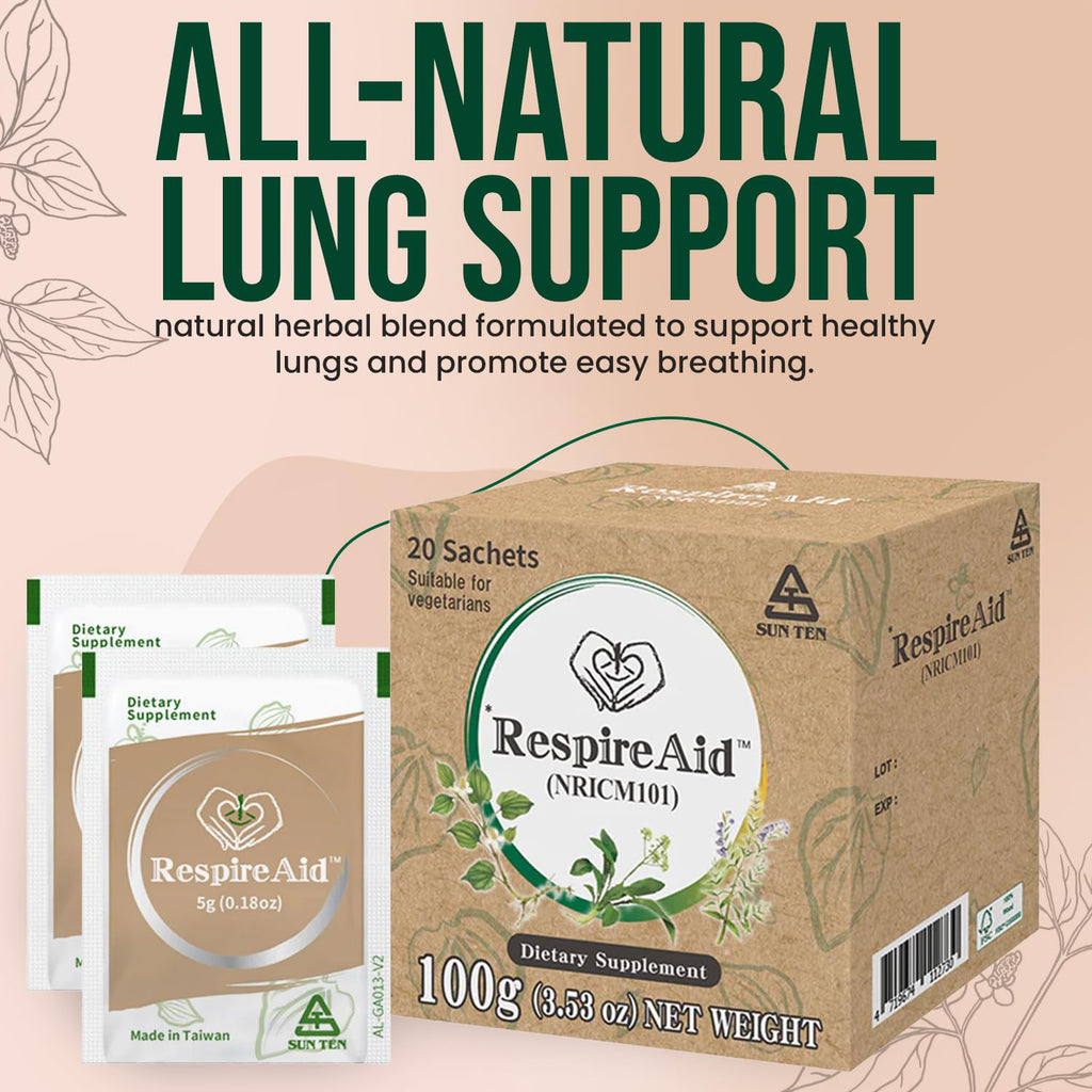 Sun Ten RespireAid™ All-Natural Lung Cleanse & Detox. Contains Natural Herbal Properties to Support Healthy Lung Function & Breathing. 100g (20 sachets); 5g per Sachet