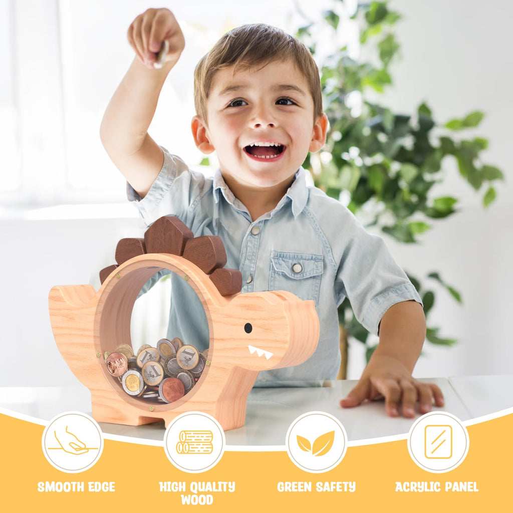 Summidate Wooden Dinosaur Piggy Bank, Large Clear Money Bank for Kids Boys