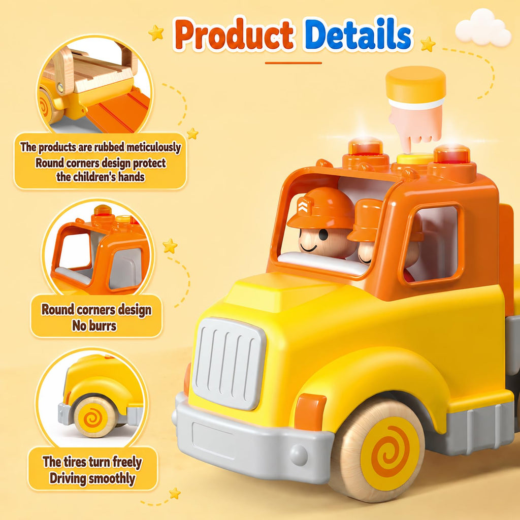 Toddler Toys for 2 3 4 5 Years Old Kids, Transport Car Carrier Truck Toy with 6 Wooden Vehicle, 30in Foldable Track Trailer with Light & Sound Effects, Best Gift Choice for Christmas, Birthday