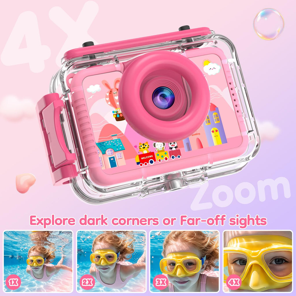 GKTZ Kids Waterproof Underwater Camera 1080P 4X Zoom 2"IPS Screen 32GB Card