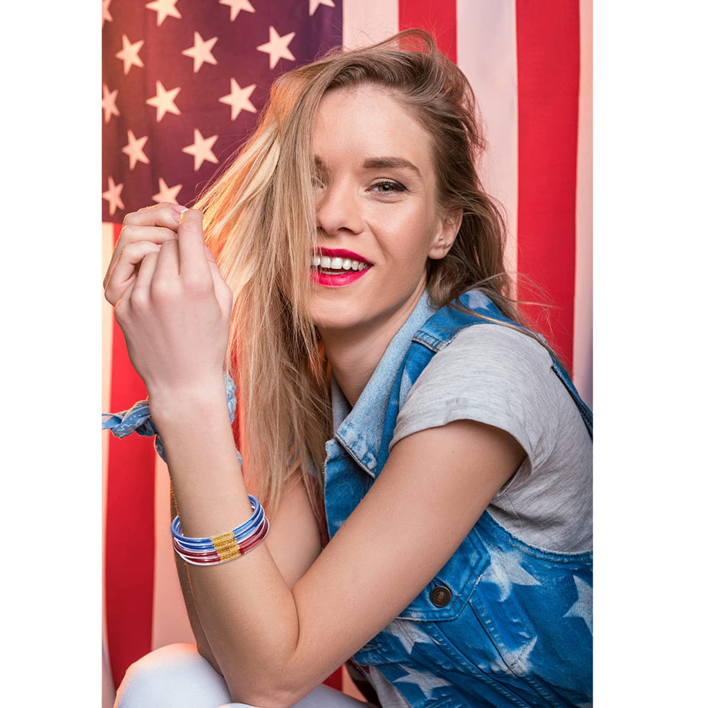 FAERLIIRY American Flag Bracelets Glitter Jelly Bangles Bracelets 4th of July Patriotic Bracelets for Women USA Red White Blue Bracelets Independence Day Jewelry Gifts (Patriotic-6PCS)
