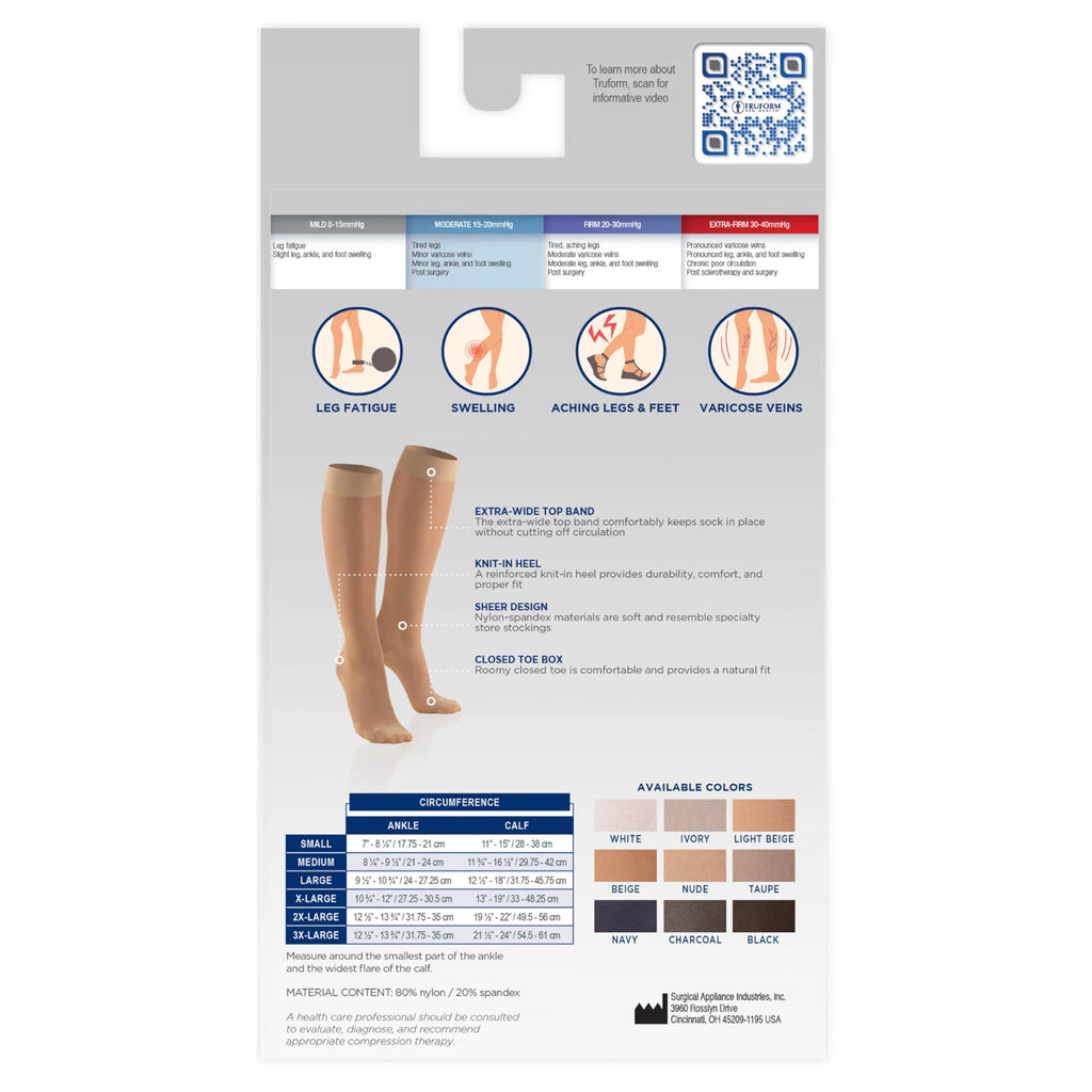 Truform Sheer Compression Stockings, 15-20 mmHg, Women's Knee High Length, Open Toe, 20 Denier, Navy, 2X-Large
