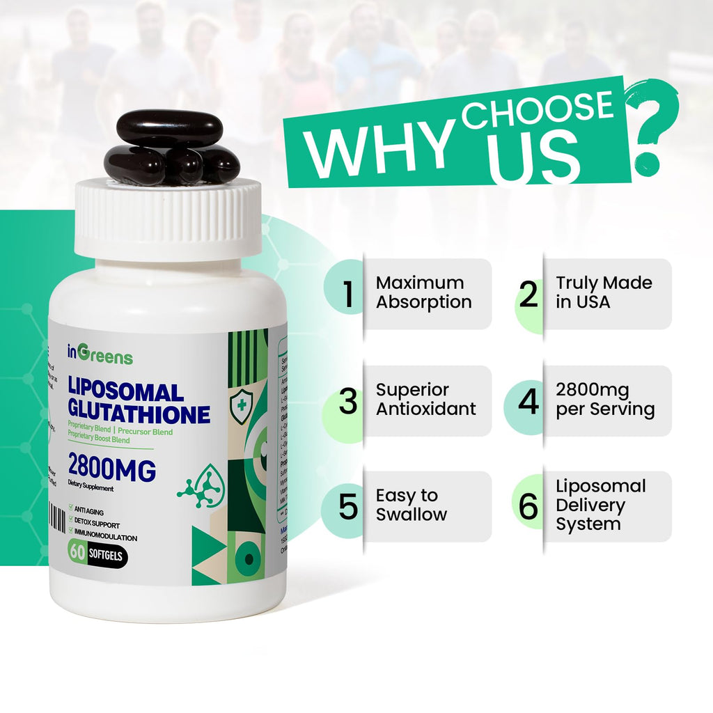 inGreens 2800 MG Liposomal Glutathione Supplement, Detoxifying & Immune, Aging Defense, Energy, Glutathione Unique Formulation Reduced