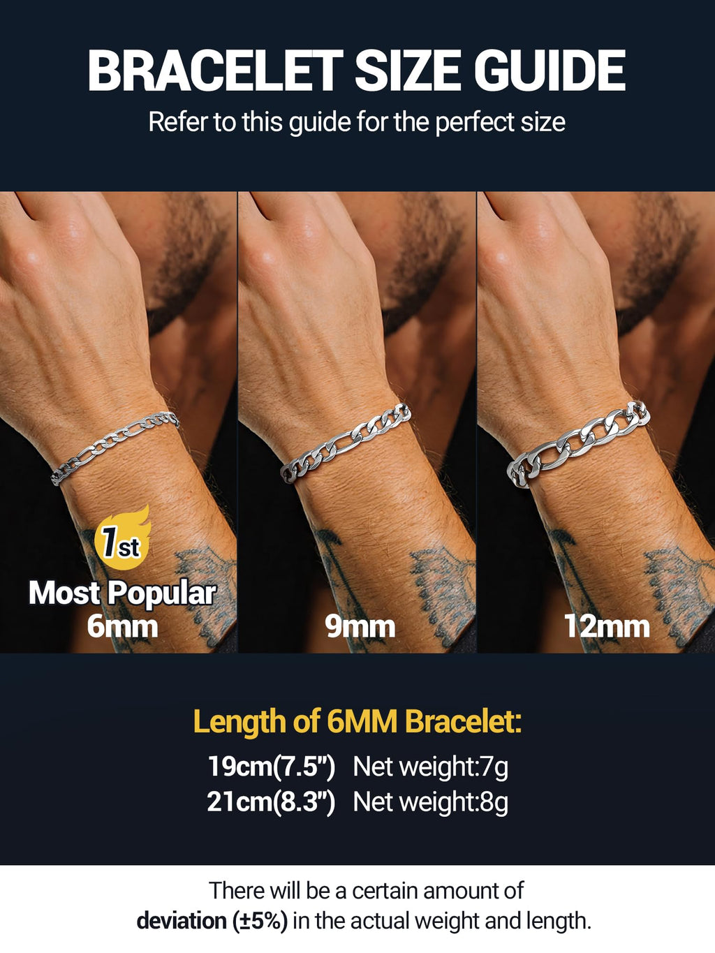 PROSTEEL Silver Bracelets for Men, Figaro Link, 7.5", 6mm