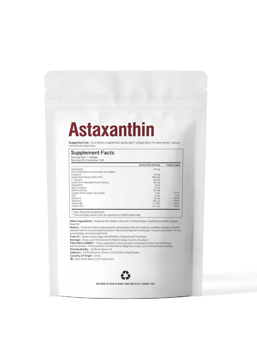 VivoNu 14-in-1 Astaxanthin 24mg & Lutein 40mg with Zeaxanthin Supplements, 24 Month Supply, 720 Softgels, 4 Bag