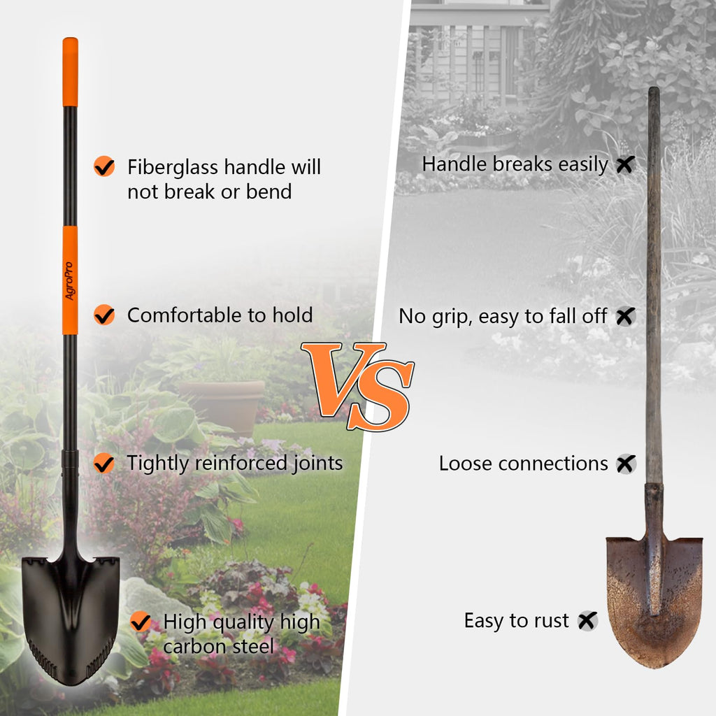 AgroPro Heavy Duty Shovel, 58 Inches, Black, High Carbon Steel, Fiberglass Handle, Modern Style