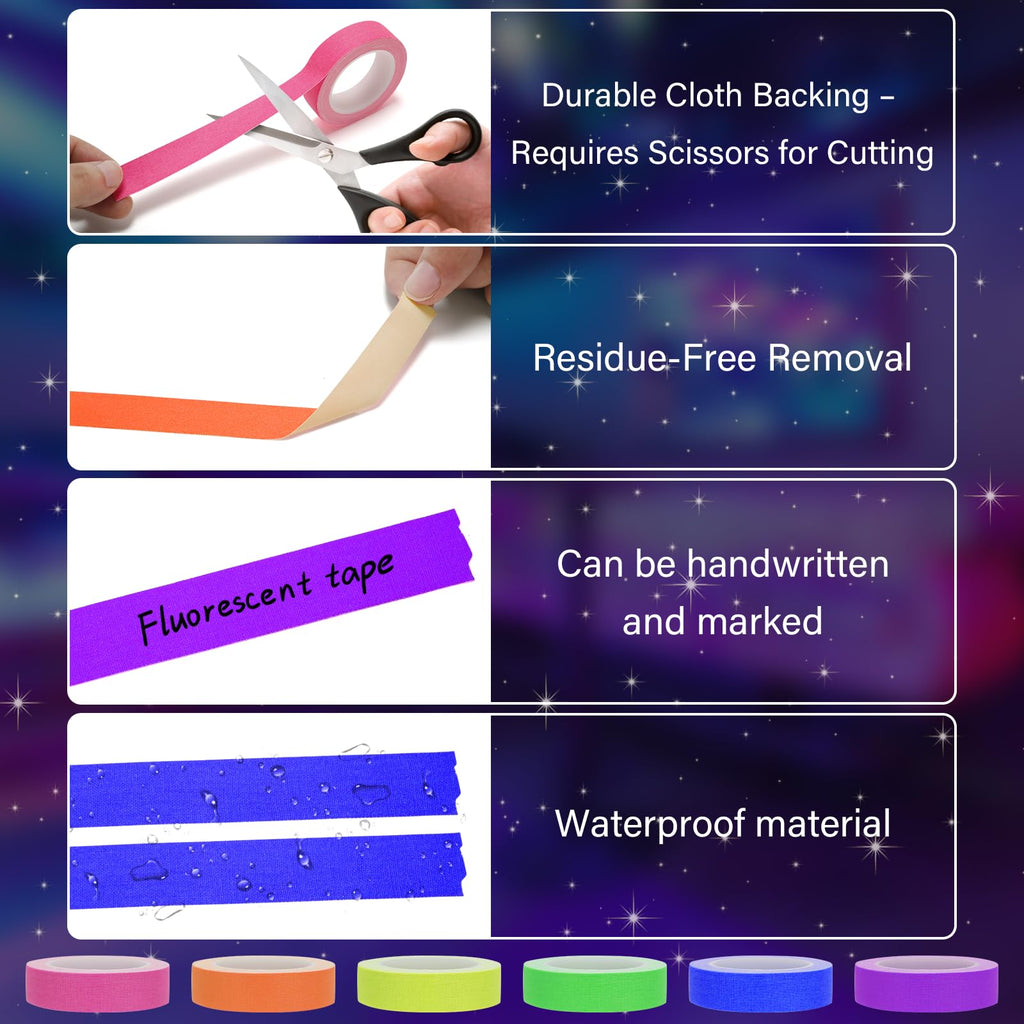 Ealyder Tape 6 Colors Neon Gaffers Cloth Tape - 1 inch x 40 feet, Fluorescent Colors Blacklight Glow Tape for UV Party, Marking, No Residue 6 Pack (Requires UV/Blacklight, Not Glow-in-the-Dark)