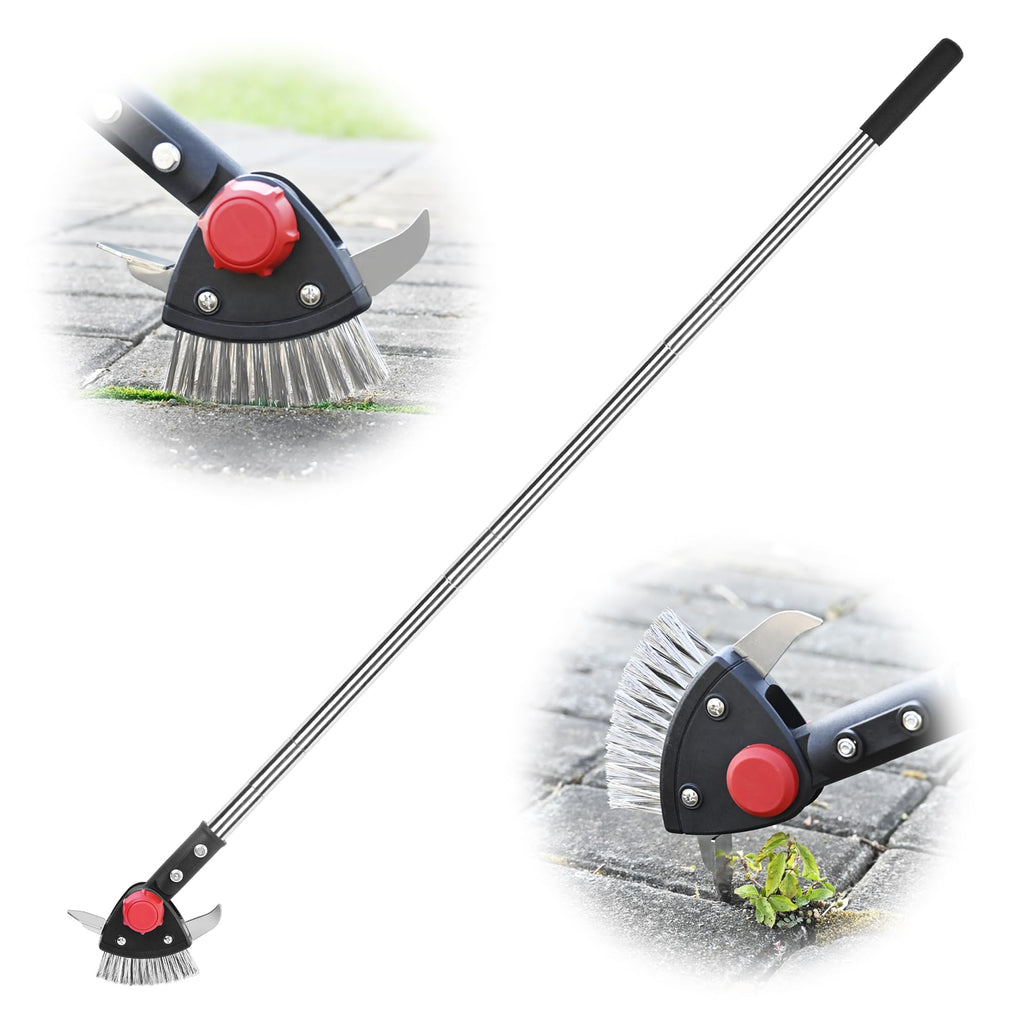 BARAYSTUS Crack Weeder Long Handle 3-in-1 Adjustable Crevice Cleaning Tool with Stainless Steel Weed Brush with 2 Scrapers Weed Puller Tool for Driveway, Patio Sidewalk to Remove Moss Weeds Dirt