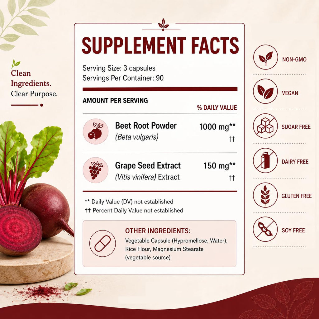 QNJIX Nutrise Beetroot Capsules - 1000mg, Beetroot Circulation Supplement with Grape Seed Extract, 3-in-1 Formula, Boost Energy, Improve Mental Clarity, Non-GMO & Gluten Free, 90 Capsules (1)