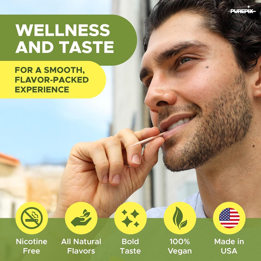 Mullein Pix, Extra Thick Flavored Toothpicks Infused with Mullein Leaf, Natural Quit Smoking Alternative, Lung Cleanse Support, Nicotine Free, Kosher Vegan, Made in The USA (4 Flavors Variety Pack)