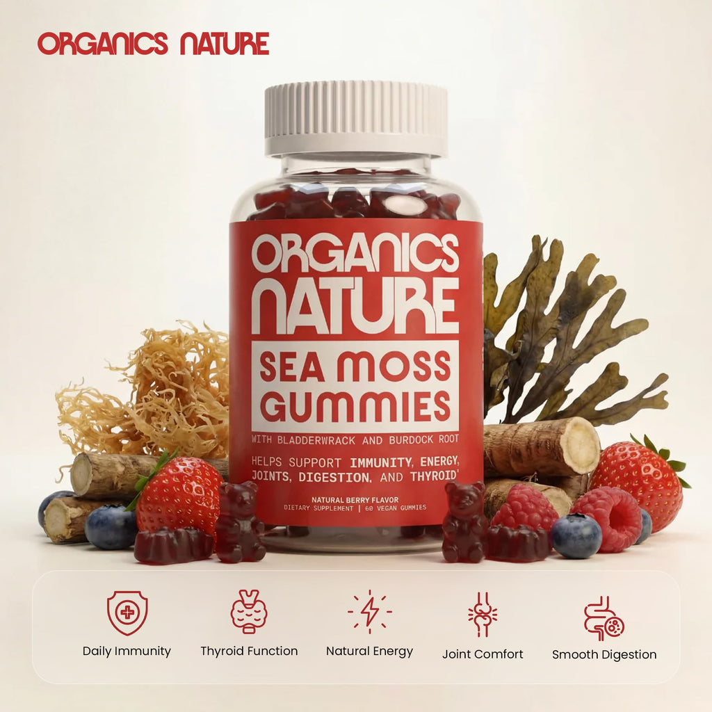 ORGANICS NATURE Irish Sea Moss Gummies for Lung Detox, Thyroid, Strength Immune & Energy Support, Vegan Seamoss Gummies for Kids & Adults - 60 Vegan Gummy Bears Berry Flavored