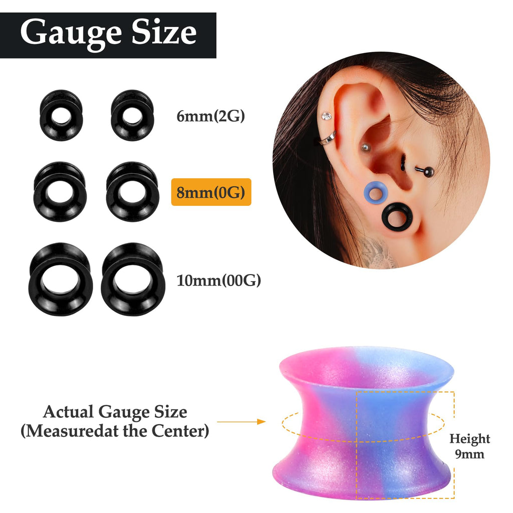 WINSENET 20 Pairs Silicone Ear Gauges Flexible 0G Ear Tunnels Gauges Soft Expander Ear Plugs Double Flared Ear Pierings for Men Women 8mm