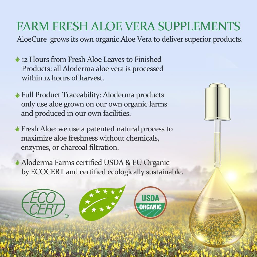 AloeCure USDA Organic Aloe Vera Juice Made Within 12 Hrs of Harvest - Pure Aloe Juice Natural Digestive Supplement to Support Digestion, Immune System and Balanced Stomach Acidity, 18 x 500ml Bottles