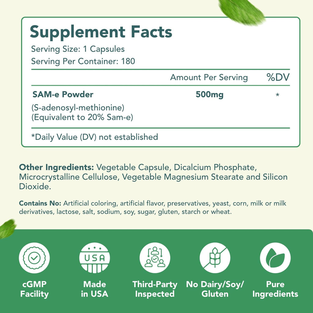 HealthyWayRx 500mg SAM-e Supplement - High Strength 500mg S-Adenosyl-L-Methionine Capsules for Brain Liver and Mood Support - Non-GMO High Absorption Same Supplement (180 Capsules)