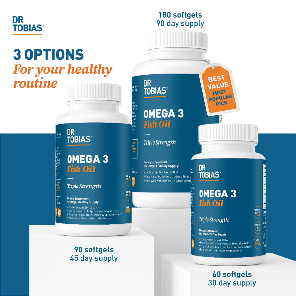 Dr. Tobias Omega 3 Fish Oil 2000mg Triple Strength with 800mg EPA 600mg DHA Per Serving | Fish Oil Omega 3 Supplements for Heart Brain & Immune Support - 180 Softgels (90 Servings)