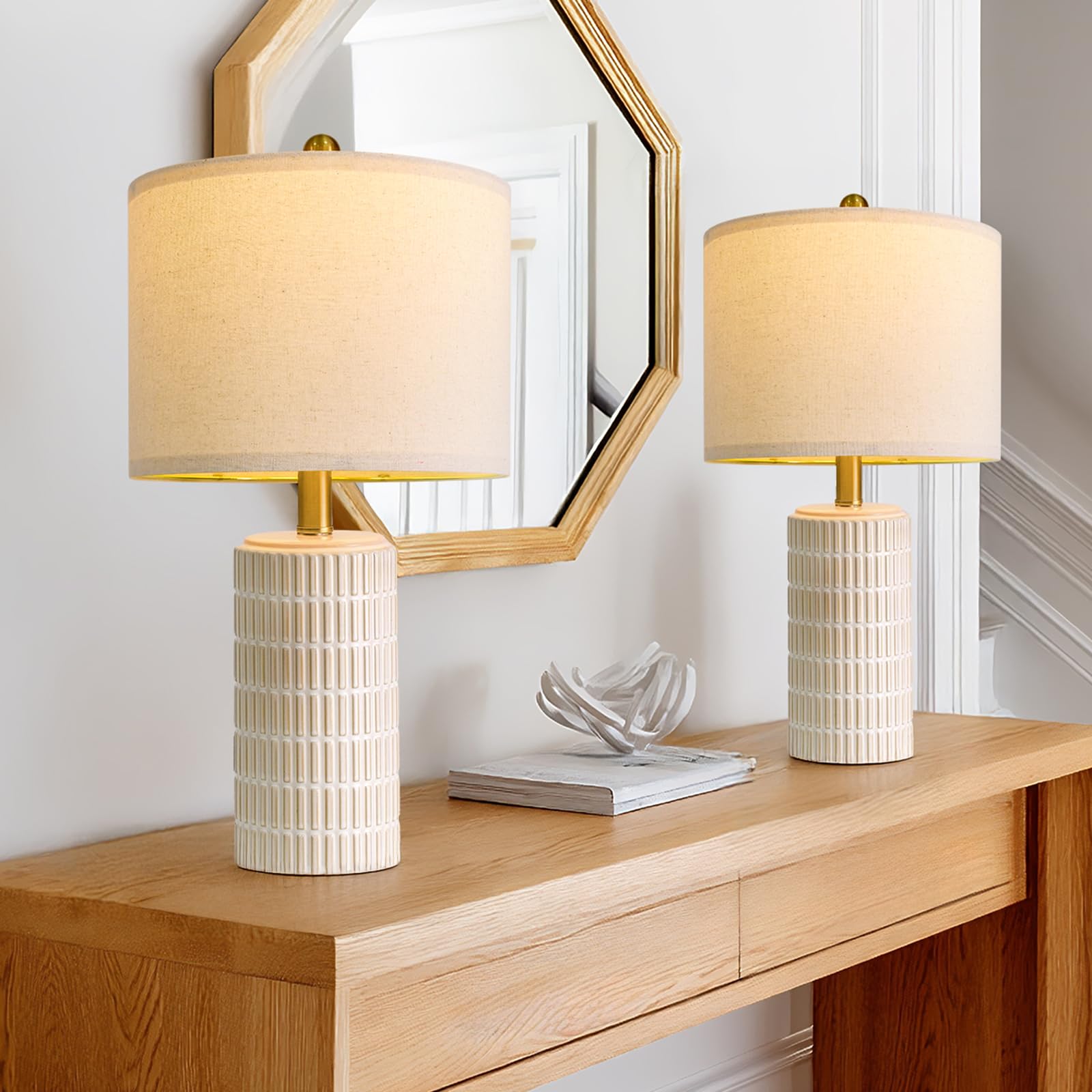 PoKat 20.75" Small Modern Ceramic Table Lamps Set of 2 for Bedroom, White Bedside Lamps for Night Stands, Farmhouse Desk Home Decor Gift Nightstand Table Lamps for Living Room End Table Beige