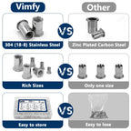 Vifmy Metric & SAE Rivet Nut Assortment Kit(300 Pcs), M3 M4 M5 M6 M8 M10 M12#8-32#10-24 1/4"-20 5/16"-18 3/8"-16 304 Stainless Steel Rivnut Set UNC Flat Head Nutsert