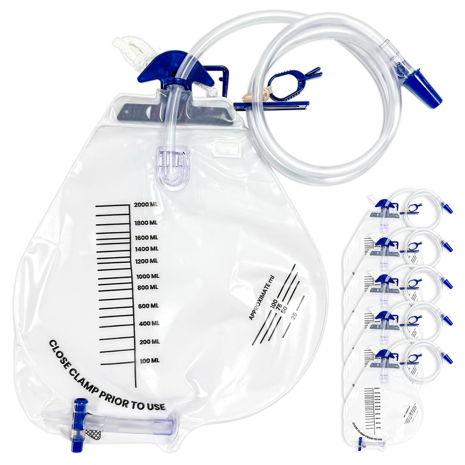Carbou 2000ml Urine Drainage Bags, 6 Pcs Catheter Bags with Anti-Reflux Chamber - 48" Drainage Tube with Clamp & Hook, Quick-Release Drain Port