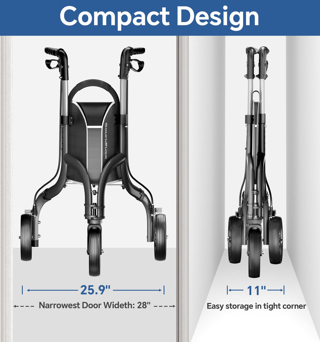 Soundfuse 3 Wheel Walkers for Seniors, Lightweight Foldable Aluminum Rollator Walker, Height Adjustable Three Wheel Walker, Black