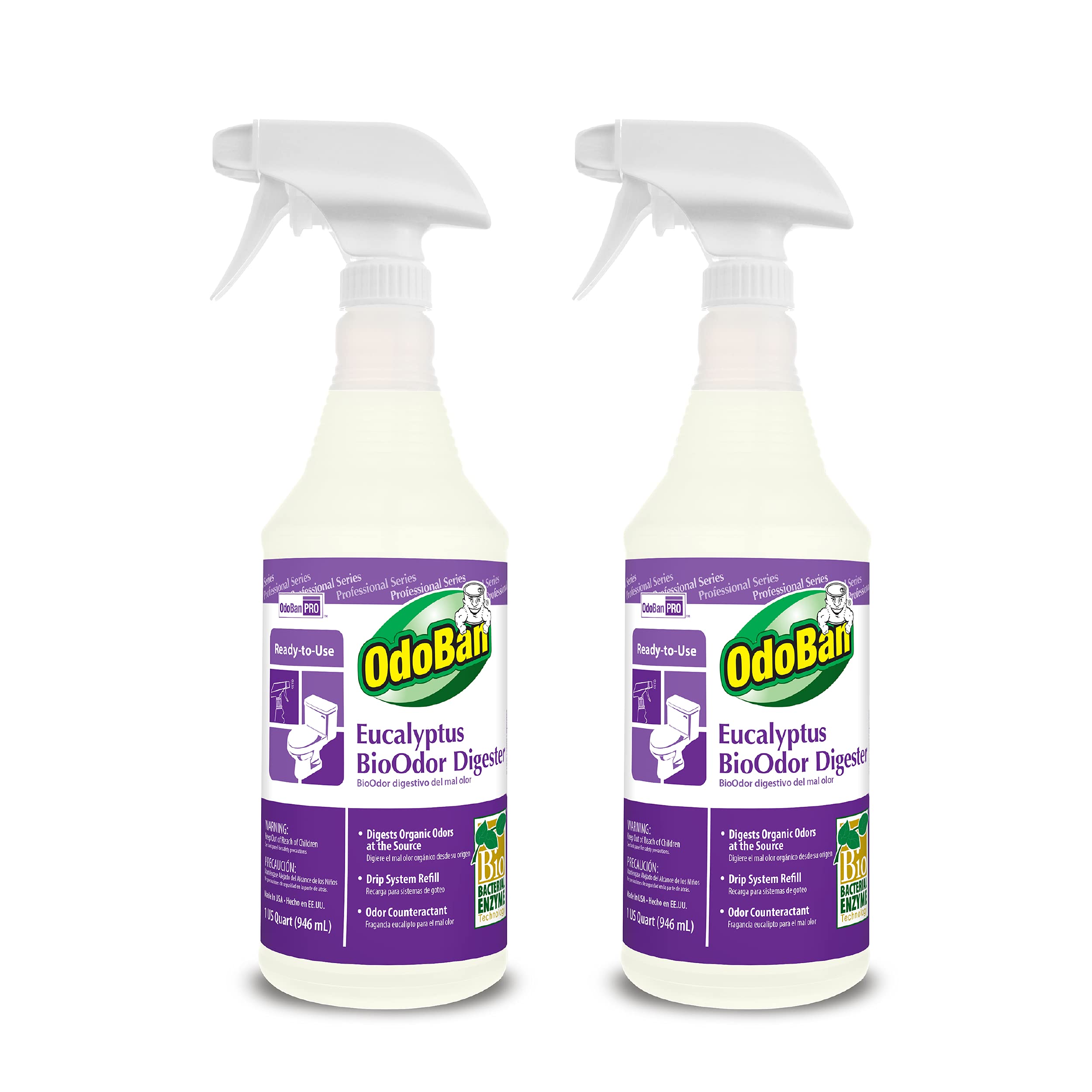 OdoBan Professional Cleaning Ready-to-Use BioOdor Digester Harsh Aroma Counteractant, Made in the USA, Eucalyptus Scent, 2-Pack, 32 Ounce Sprays Each