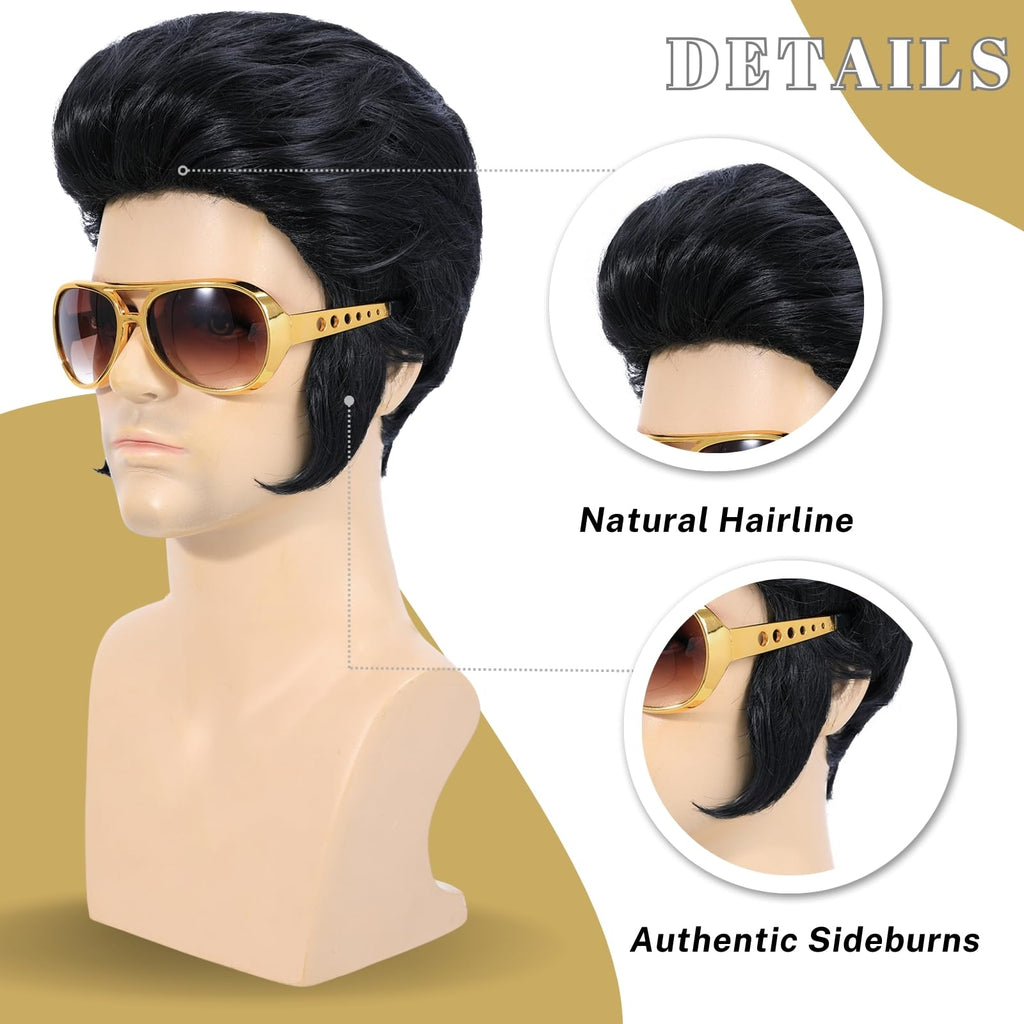 Bettecos 4pcs Set 50s Rock Wig with Sunglasses and Necklace for Men Singer Rocker Costume Wigs for Cosplay Halloween Party (Adults)