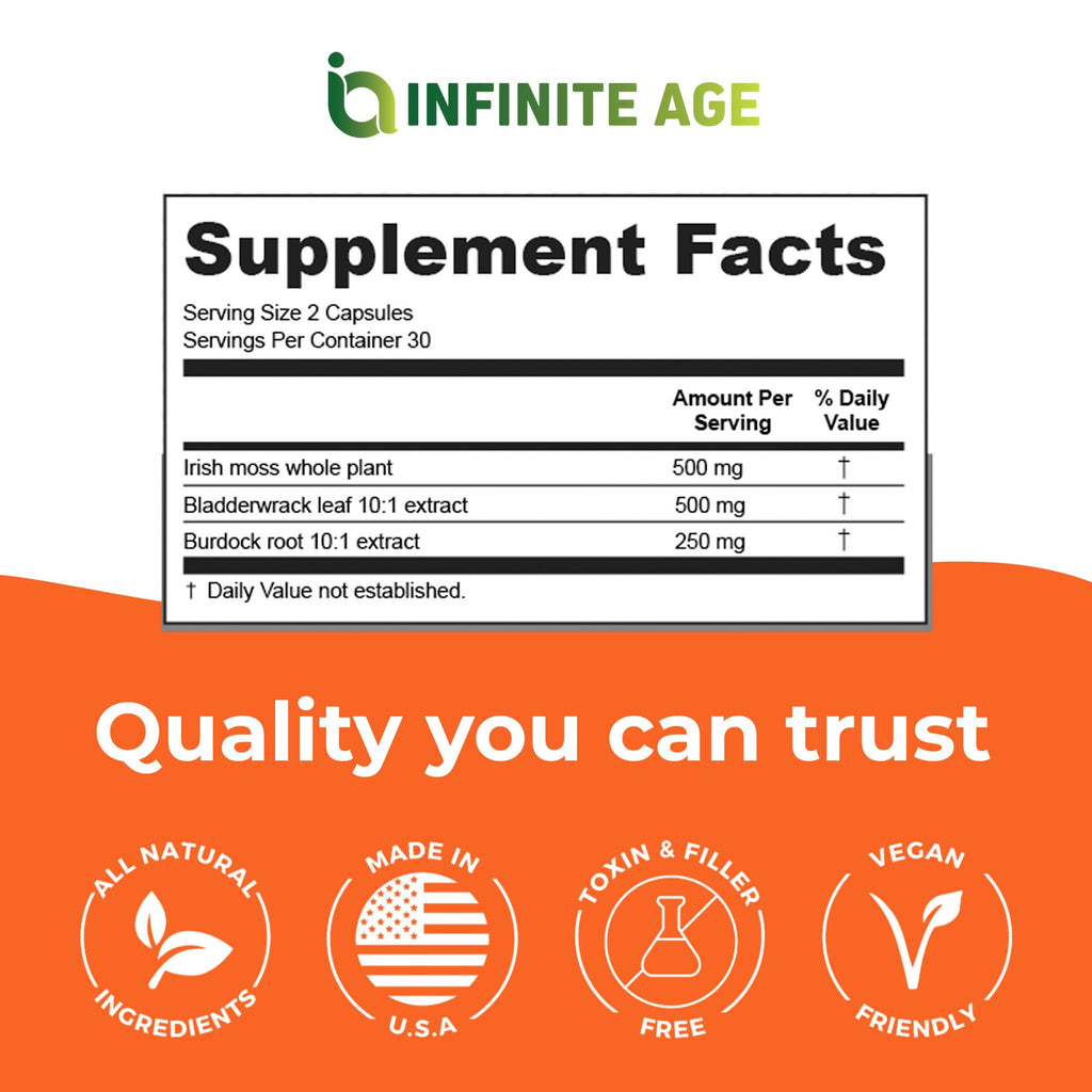 INFINITE AGE 2 Pack of 1250mg Sea Moss Advanced Superfood Capsules, 120 Count - High-Potency, Vegan, Made in The USA - Irish Seamoss, Bladderwrack, Burdock Root - Overall Health, Immunity Support
