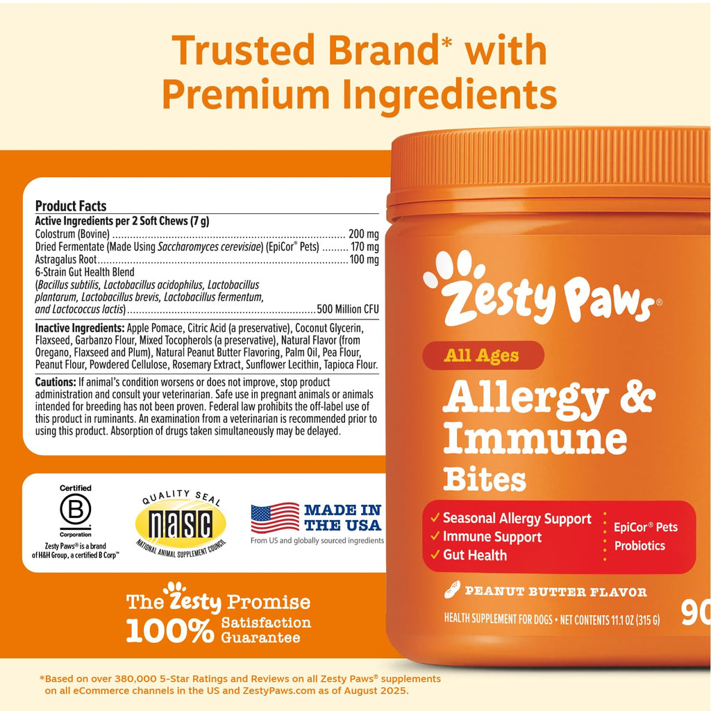 Zesty Paws Dog Allergy Chews - Dog Allergy Relief, Peanut Butter, 90 Ct