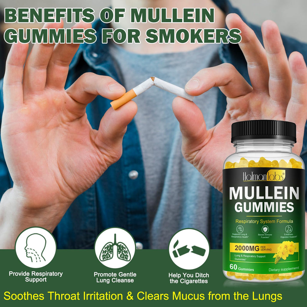 Mullein Gummies for Lungs, Mullein Extract for Smokers - Support Lung & Respiratory Health, Soothes Throat Irritation, Boost Immune - Mullein Leaf Extract for Lungs, Breathe Easier (2 Pack)