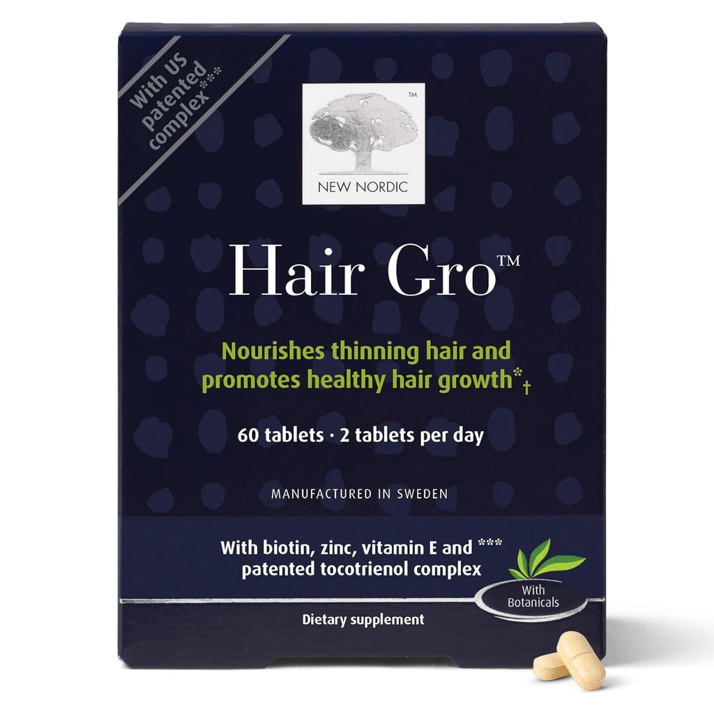 NEW NORDIC Hair Gro - Natural Hair Growth Product with Biotin, Apple Extract & Patented Tocotrienol Complex - Non-GMO, Gluten-Free & Dairy-Free - 60 Vegan Tablets (Pack of 2)