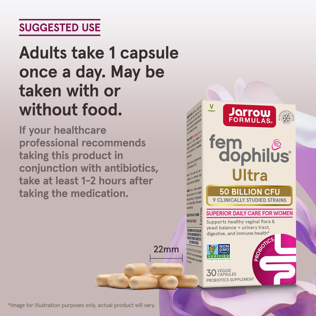 Jarrow Formulas Fem-Dophilus Vaginal & Digestive Probiotic 50 Billion CFU, 9 Clinically-Studied Strains, for Vaginal Flora & Yeast Balance, Urinary Tract, Digestive, & Immune Support, 30 Capsules