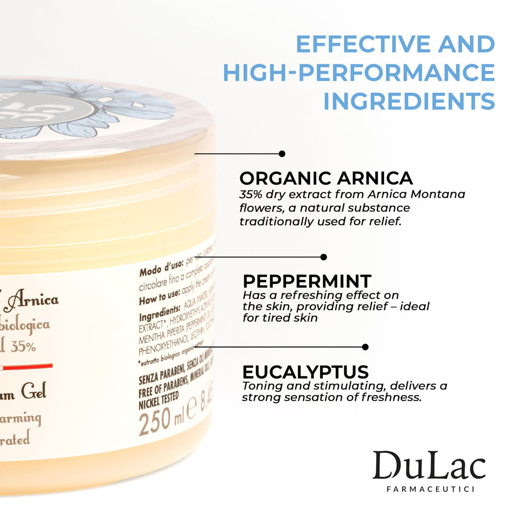 Arnica 35 – Arnica Cream Refreshing Effect, 250 ml, with 35% Organic Extracts, Provides Relief to Muscles, Joints, Neck, and Back, Massage Cream with Peppermint and Eucalyptus, Made in Italy