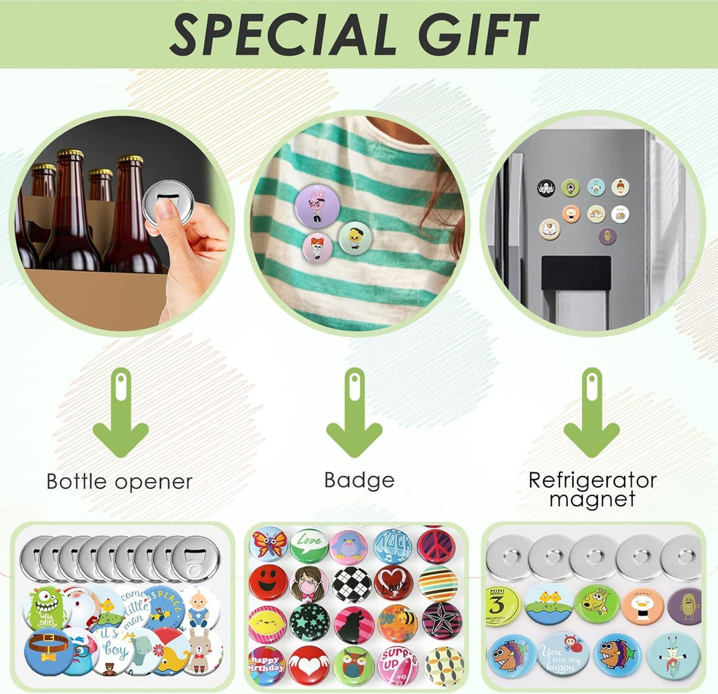 Button Maker Machine Pin Maker 1''+1.25''+2.25'' Button Making Supplies, DIY 300 Pinback Button/10 Keychain Badge/10 Bottle Opener Button/10 Flat Badge for Christmas Party (Green, 1''+1.25''+2.25'')