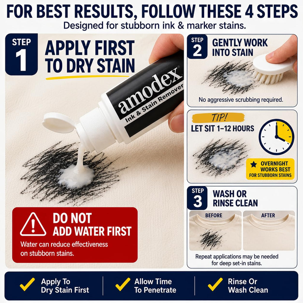 Amodex Ink & Stain Remover for Clothes, Leather and Skin - Removes Ink, Ballpoint, Sharpie, Grease and More, Works on Set-in Stains, Gentle but Powerful, 4oz/120ml Bottle (Pack of 3)
