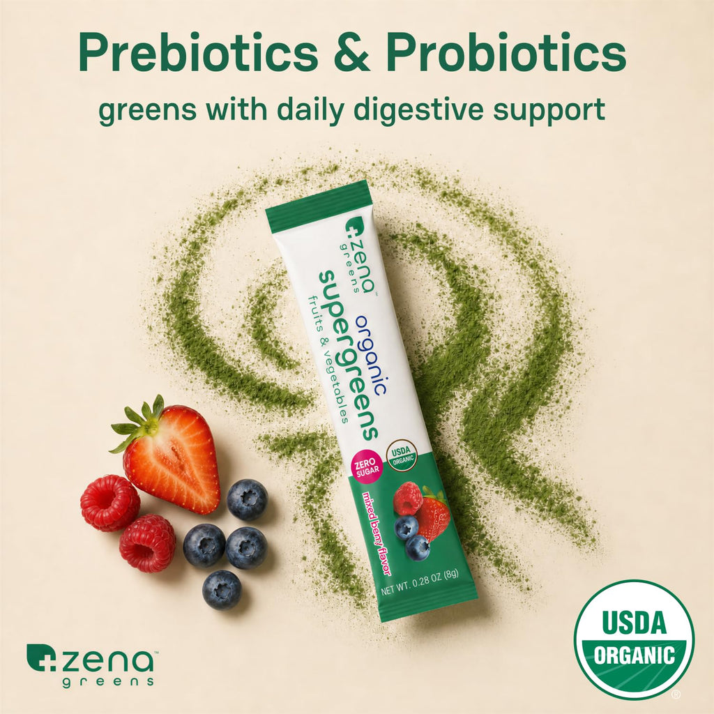 Zena Nutrition Organic Super Greens Powder, 70+ Superfoods, 0 Sugar, 3g Fiber, Spirulina, Chlorella, Mushrooms, Prebiotics/Probiotics, Digestive Enzymes, Gut Health, Green Apple, 30 Drink Mix Packets