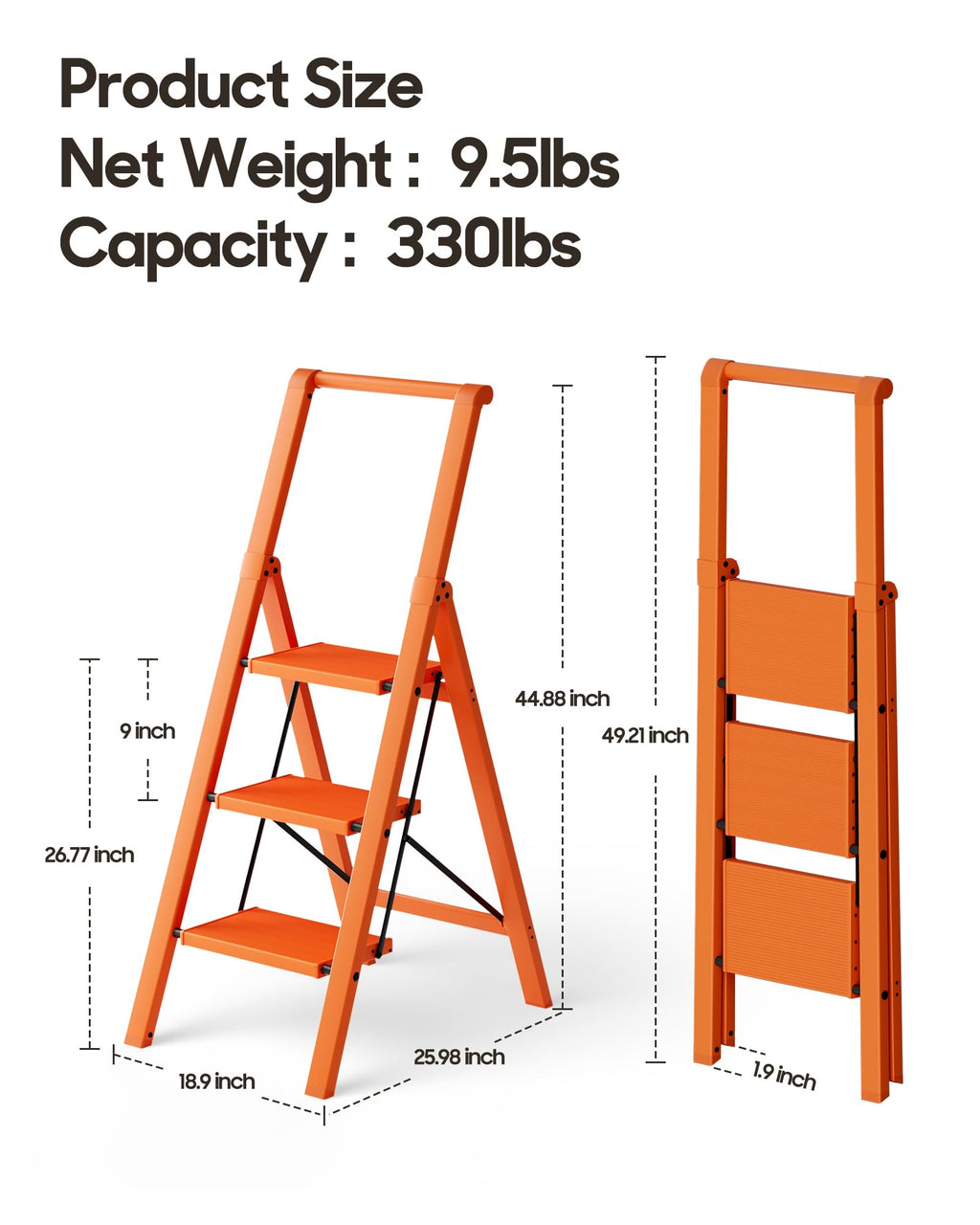 HillhutApex 3 Step Foldable Aluminum Step Ladder with Handgrip, Anti-Slip Pedal, 330 lbs Capacity, Lightweight & Portable for Home, Kitchen, Office, Garage (Orange)