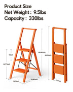 HillhutApex 3 Step Foldable Aluminum Step Ladder with Handgrip, Anti-Slip Pedal, 330 lbs Capacity, Lightweight & Portable for Home, Kitchen, Office, Garage (Orange)